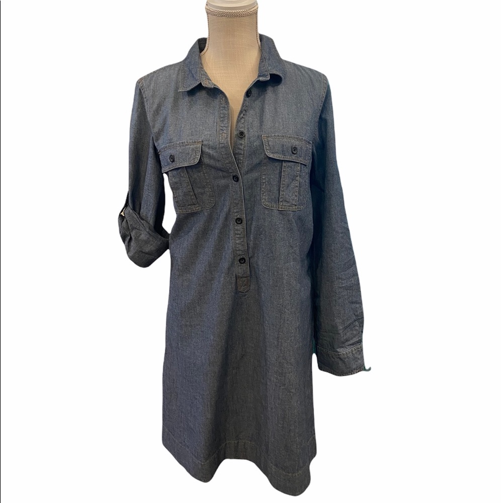 J Crew Size Medium Chambray Denim Roll Up Sleeve Shirt Dress in Medium Wash